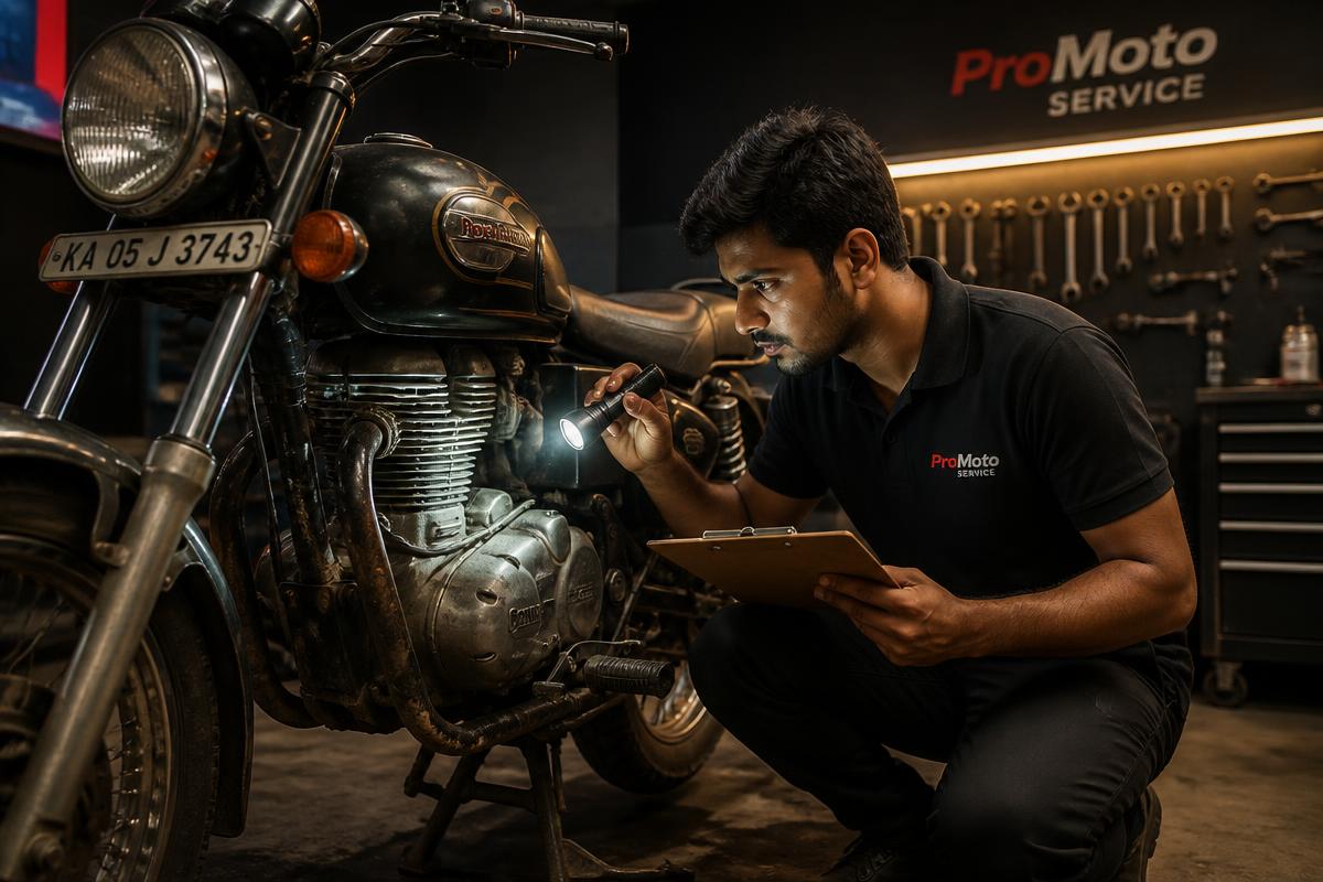 Mechanic inspecting a used motorcycle before purchase